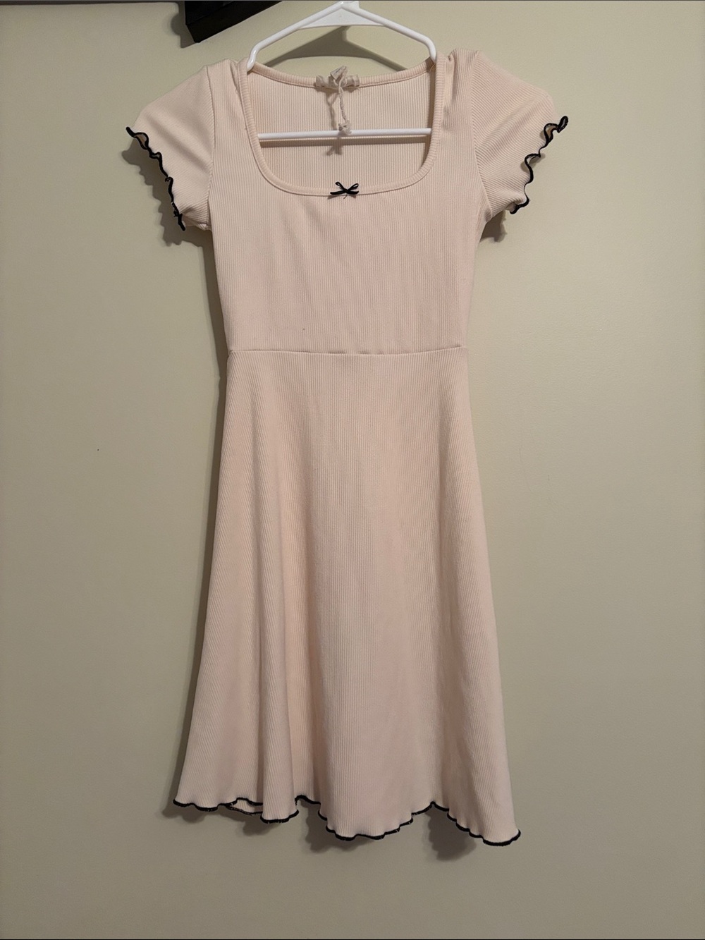 See You Monday Light Pink Midi Dress with Black Ruffle Trim